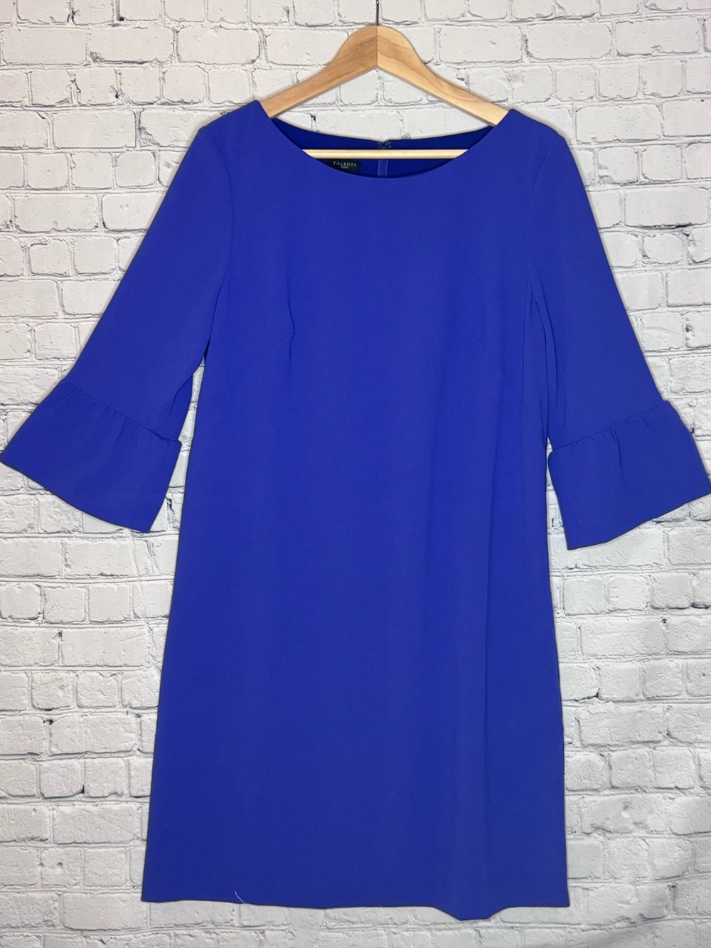 Talbots Cobalt Blue Shift Dress with Flounce Ruffle 3/4 Sleeves Size 12P